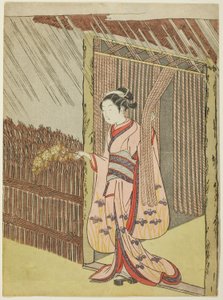 雨の中山葵の枝を持つ女（太田道灌のパロディ） 作： Suzuki Harunobu