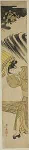 雷が近づいて傘を開く女性 作： Suzuki Harunobu