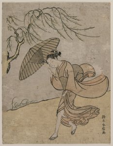 1766年または1767年、そよ風の中で柳の木を過ぎて走っている女性。 作： Suzuki Harunobu