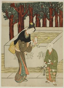 神社に入る前に手を洗う女性 作： Suzuki Harunobu