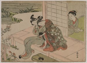 1760年代後半、ベランダで抱き合う若いカップルを見ている女性。 作： Suzuki Harunobu