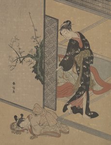 ドア越しに、床で眠っているカムロ・リトル・サーヴァントを見つめるお嬢様。 作： Suzuki Harunobu