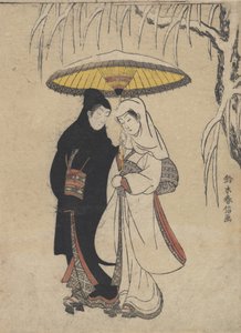 吹雪の傘の下で一緒に歩く若い恋人たち カラスとサギ、カリフォルニア州。 ...、約。 1769年。 作： Suzuki Harunobu