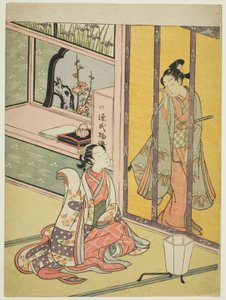 竹すだれを通して話す若い男女 作： Suzuki Harunobu