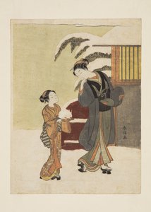 雪うさぎを鑑賞する若い女性（カラー木版画 作： Suzuki Harunobu