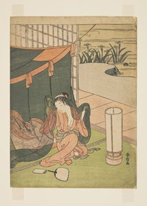 モスキートネットから出てくる若い女性（カラー木版画 作： Suzuki Harunobu
