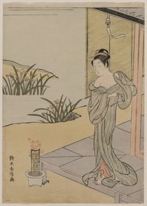 ピンクのポットを見ている若い女性 作： Suzuki Harunobu