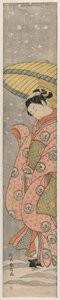 雪の中で傘の下に立つ若い女性、1767-1768年。 作： Suzuki Harunobu