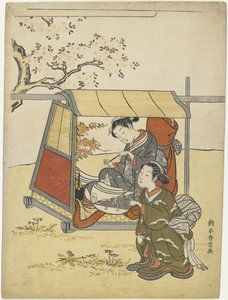 桜の花を中ノ木淑女の見物人として見ている若い女性c。 1767 作： Suzuki Harunobu
