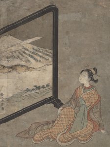 画面に描かれた風景を見つめながら手にパイプを持つ若い女性。 作： Suzuki Harunobu