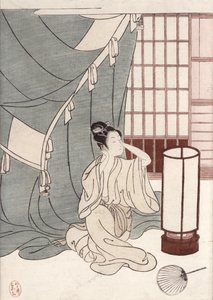 蚊帳にひざまずく若い女性、1766年（色木版画） 作： Suzuki Harunobu