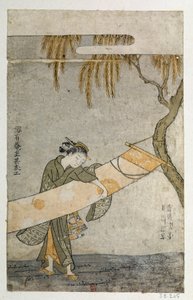 木に取り付けられたかけものを手入れする若い女性。鈴木春信(1725-1770)による日本の版画 作： Suzuki Harunobu