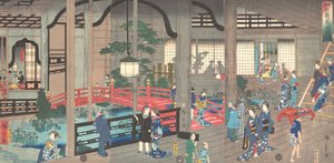 1861年4月、横浜の雁鬼郎茶屋の内部。 作： Suzuki Hiroshige