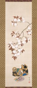 さくらんぼと犬の形をした箱（シルクにインク、色、金） 作： Suzuki Kiitsu