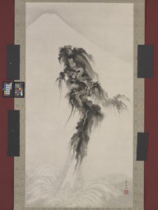 昇る龍と富士山（紙にインクと金） 作： Suzuki Kiitsu
