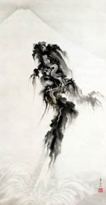 昇る龍と富士山（紙にインクと金）