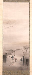 吉原と品川（シルクに墨、色、金） 作： Suzuki Kiitsu