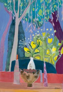 樹木を背景にした鉢と3つの花瓶のある静物》2018年（グワッシュ） 作： Suzy Fasht