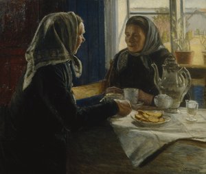 コーヒーを飲む二人の女性（キャンバスに油彩） 作： Sven Jorgensen