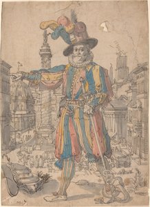 ローマの景色の前に立つスイス衛兵のジョヴァンニ・グロッソ 作： Swiss 17th Century after Francesco Villamena