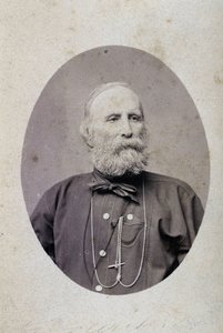 ジュゼッペ・ガリバルディ（1807-1882）、イタリアの政治家。1875年頃、ラコメとラクロアの工房の写真。ジュネーブ 作： Swiss Photographer