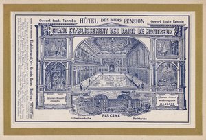 Grand Etablissement Des Bains De Montreux」の広告（エングレービング 作： Swiss School