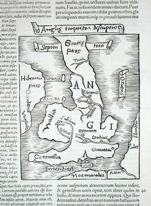 イギリス諸島、カイウス・ジュリアス・ソリヌス著「Polyhistor, rerum toto orbe memorabilium...」より、バーゼル 1543 年発行 (木版画) 作： Swiss School