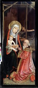 賢者と聖母子の礼拝。 スイスの巨匠による絵画 (16 世紀初頭)。 木に油彩 作： Swiss School