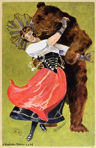 女性とクマを描いたベルンの絵葉書、1900年頃 作： Swiss School