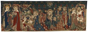 聖母の生涯の4つの場面を描いたタペストリー、バーゼル製、1450-75年頃（ウール＆白麻糸） 作： Swiss School