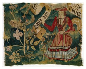 木と巻物を持つ女性を描いたタペストリーの断片（ウール） 作： Swiss School
