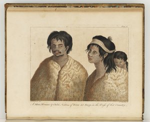 テラ・デル・フエゴの先住民、「南海への航海の日記 : 陛下の船、エンデバー号で」の挿絵