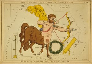 「ウラニアの鏡」からの射手座と南天冠、顕微鏡と望遠鏡のイラスト