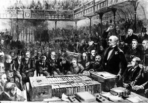 下院でのホームルールの議論-グラッドストーンのパーロレーション、「グラフィック」からのイラスト、1886 作： Sydney Prior Hall