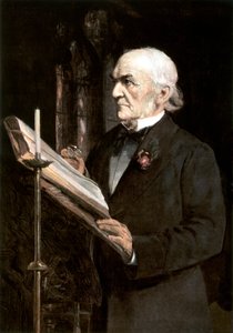 「ハワーデン教会で授業を読むグラッドストーン氏」、19 世紀後半。 作： Sydney Prior Hall