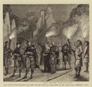ハイランドの裁判所、女王、ウェールズの王子、ギリーズボール、アバーゲルディ城に行く 作： Sydney Prior Hall