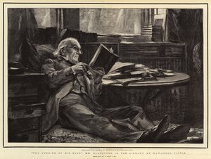 彼の日の夕方、ハワーデン城の図書館のグラッドストーン氏
