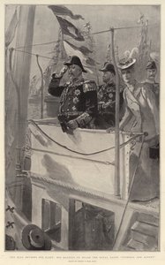 王は彼の艦隊、王室のヨットのビクトリアとアルバートに乗って陛下をレビューします 作： Sydney Prior Hall