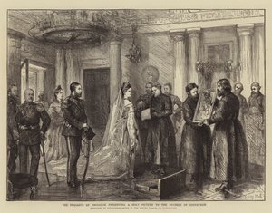 エジンバラの公爵夫人に聖なる写真を提示するスモレンスクの農民 作： Sydney Prior Hall