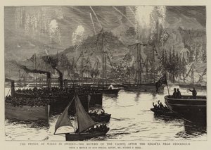 スウェーデンのプリンスオブウェールズ、ストックホルム近くのレガッタ後のヨットの帰還 作： Sydney Prior Hall