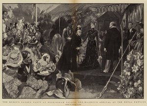 バッキンガム宮殿での女王のガーデンパーティー、王室のパビリオンへの女王陛下の到着 作： Sydney Prior Hall