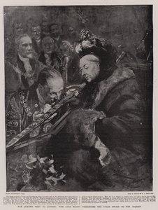 女王のロンドン訪問、市長、陛下に国刀を贈呈 作： Sydney Prior Hall