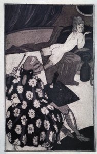 エロチシズム: ジャコモ・カサノバ (1725-1798) は、ソファーでだらしなく裸の細長い愛人を描いている (エッチング)