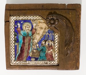 1699年、1699年の日付の、青と茶色のマナガネーゼで描かれた、署名と日付の付いたシリアのセラミックタイル 作： Syrian School