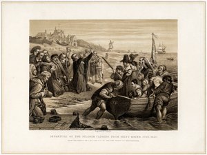 「1620 年 7 月、デルフト ヘブンからの巡礼者の出発」、19 世紀。 作： T Bauer