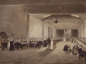 ダイニングホール、アサイラム、アッカーマンの「ロンドンの小宇宙」より 作： T. and Pugin A.C. Rowlandson