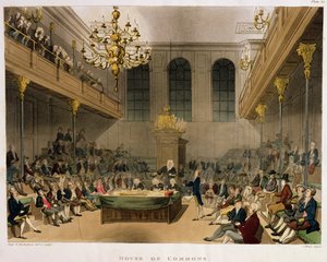 下院のインテリア、アッカーマンの「ロンドンの小宇宙」より 作： T. and Pugin A.C. Rowlandson