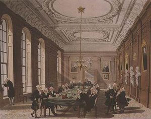 アッカーマンの「ロンドンの小宇宙」から見た医師団（カラー彫刻版 作： T. and Pugin A.C. Rowlandson