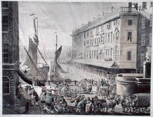 ビリングズゲート・マーケット、J. Bluck (fl.1791-1819)のエングレービング（アクアチント） 作： T. and Pugin A.C. (after) Rowlandson