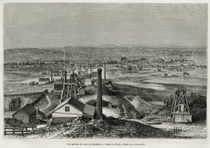 サンドハースト鉱山の全景。1878年に公教育省から派遣されたDesire Charnayによるオーストラリアでの6ヶ月間の物語を説明するためにTaylorが描いた絵の後に彫られたもので、tour du monde誌に掲載されています。